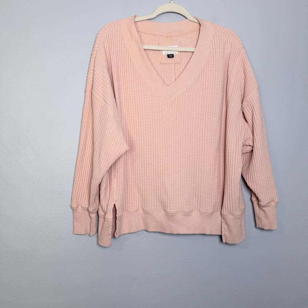 American Eagle Waffle Knit V-Neck Sweater Size M Pink